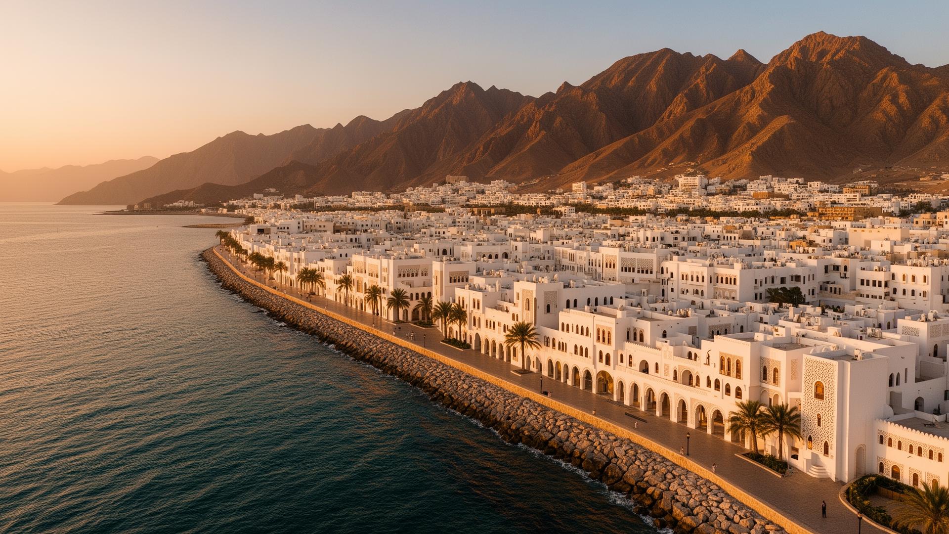 Muscat coastline and the Hajar mountains at golden hour — Sultanate of Oman